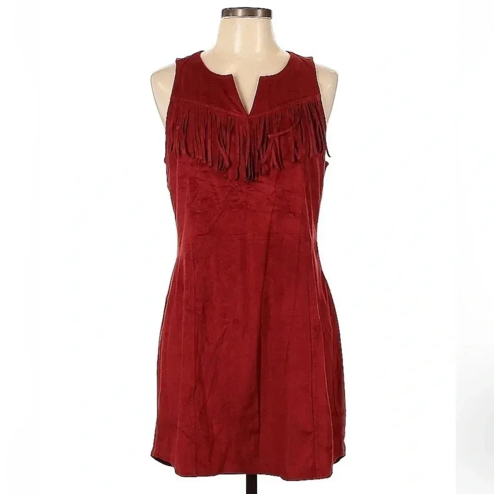 Express Western Fringe Mini Dress in Burnt Orange Red Faux Suede Size Large L - Image 2
