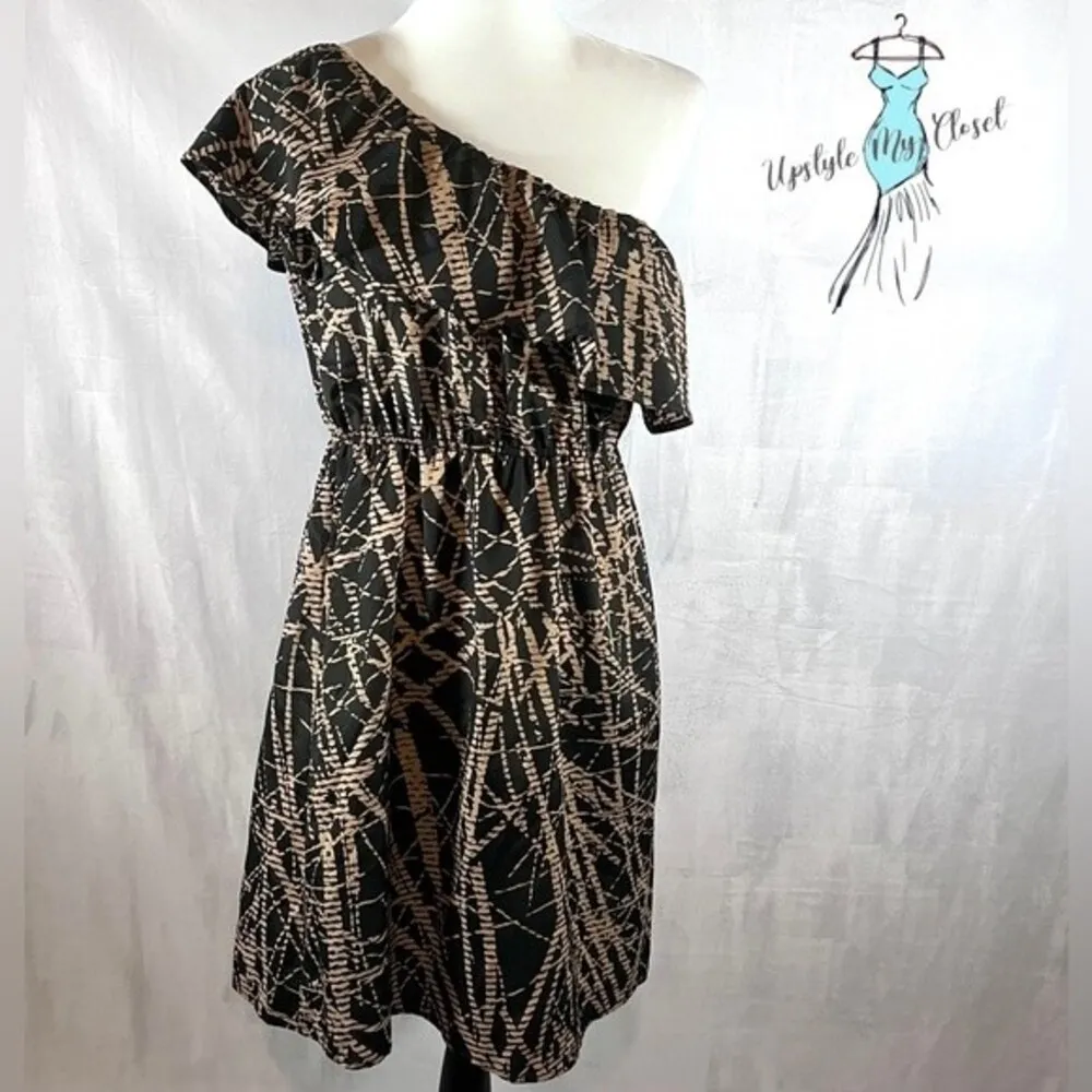 Pixi & Ivy black and tan abstract print one shoulder dress size large - Image 2