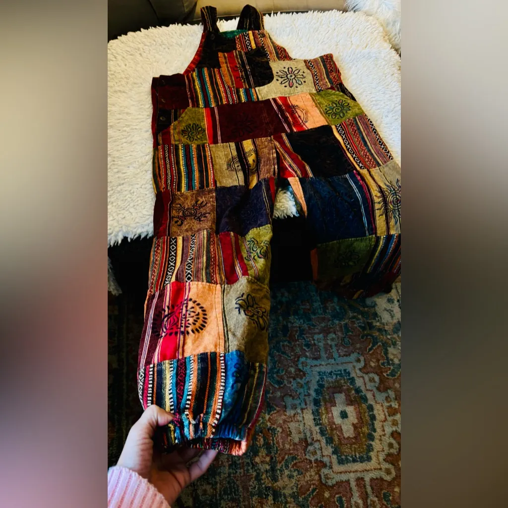 RISING International Boho Patchwork Jogger Jumpsuit Overalls Nepal Made XL Red - Image 4