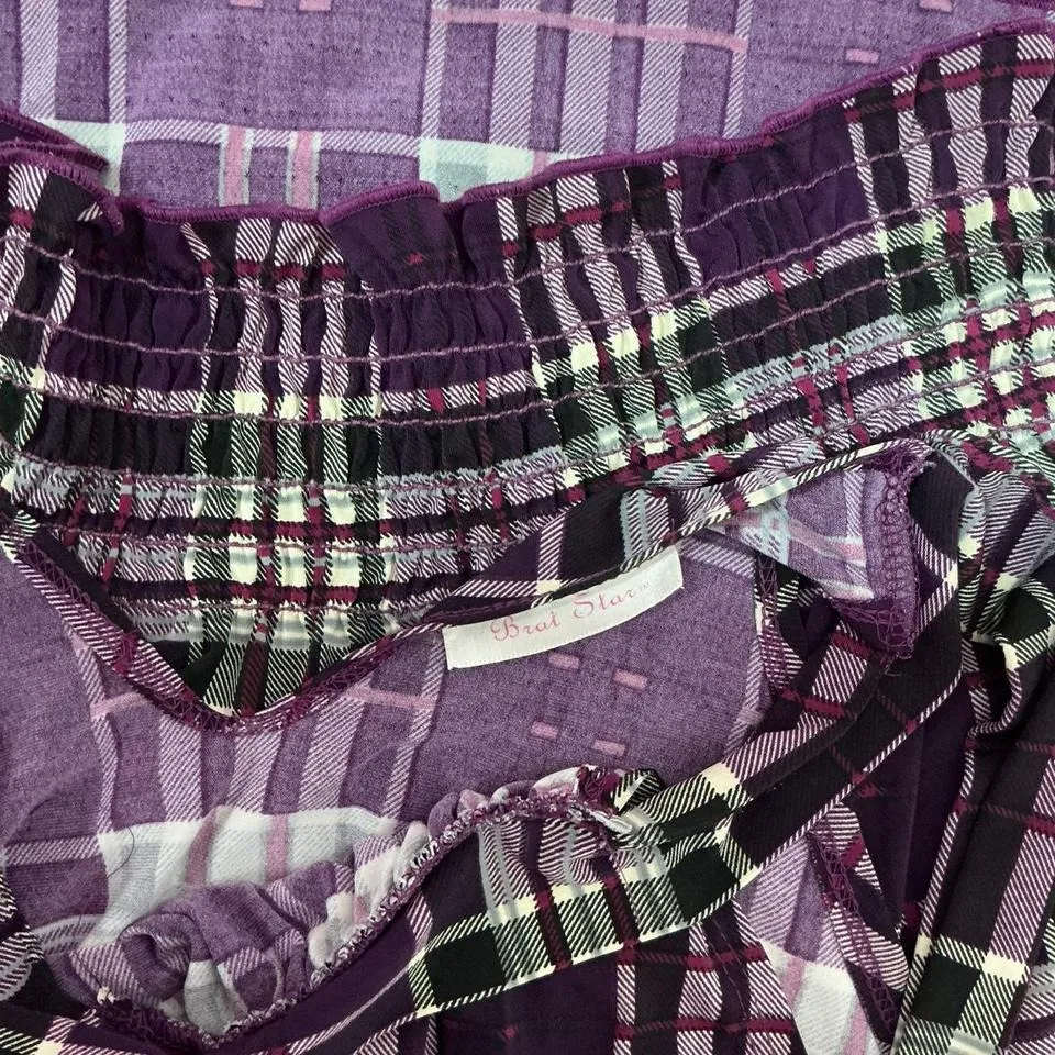 Y2K Brat Star‎ Purple Plaid Halter Top Smocked Waist Sleeveless Blouse - Image 3