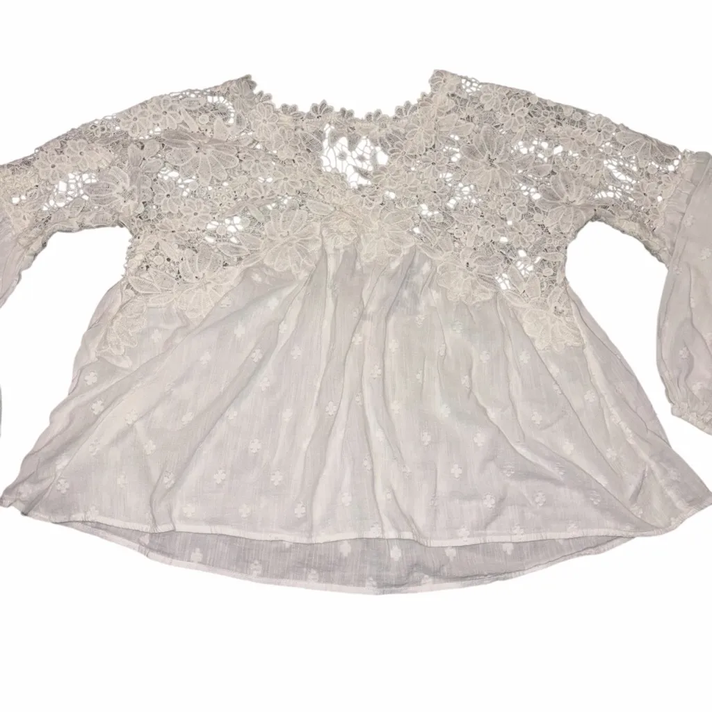 Free People White Floral Crochet Lace Long Sleeve Semi Sheer Lina Top size XS - Image 5