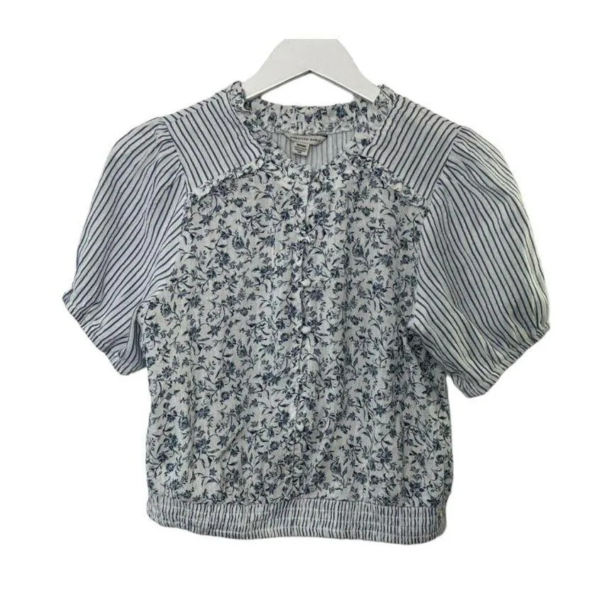 American Eagle Blue & White Stripe & Floral Print Button-Up Crop Top Sz Medium - Image 5