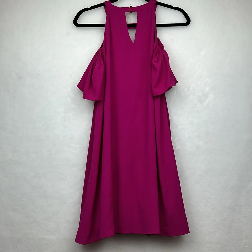 Lily Rose Mauve Berry Purple Chiffon Halter Trapeze Dress Cold Shoulder Sz L - Image 11
