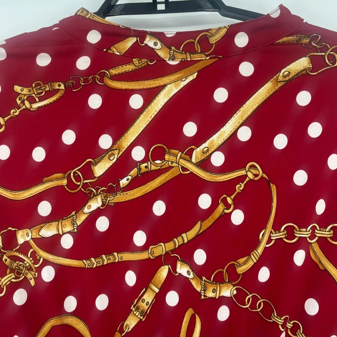 Susan Graver Liquid Knit Button Shirt Sz 2X Red Equestrian Scarf Print Dot Chain - Image 7