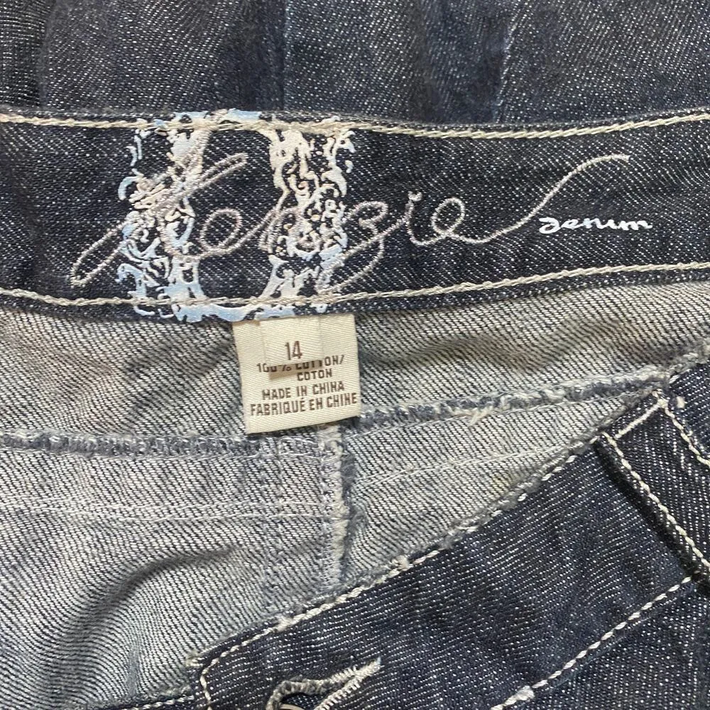 Vintage Y2k Denim Maxi Skirt Low Rise Godet Panel A Line Raw Hem Dark Wash 12/14 Blue - Image 6