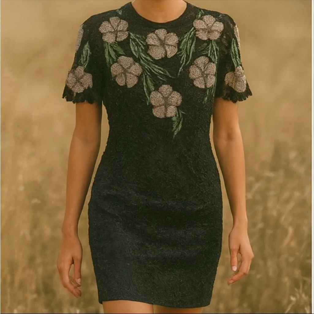 Vintage SCALA 100% Silk Fully Beaded Floral Midi Dress Formal Cocktail Large - Image 3