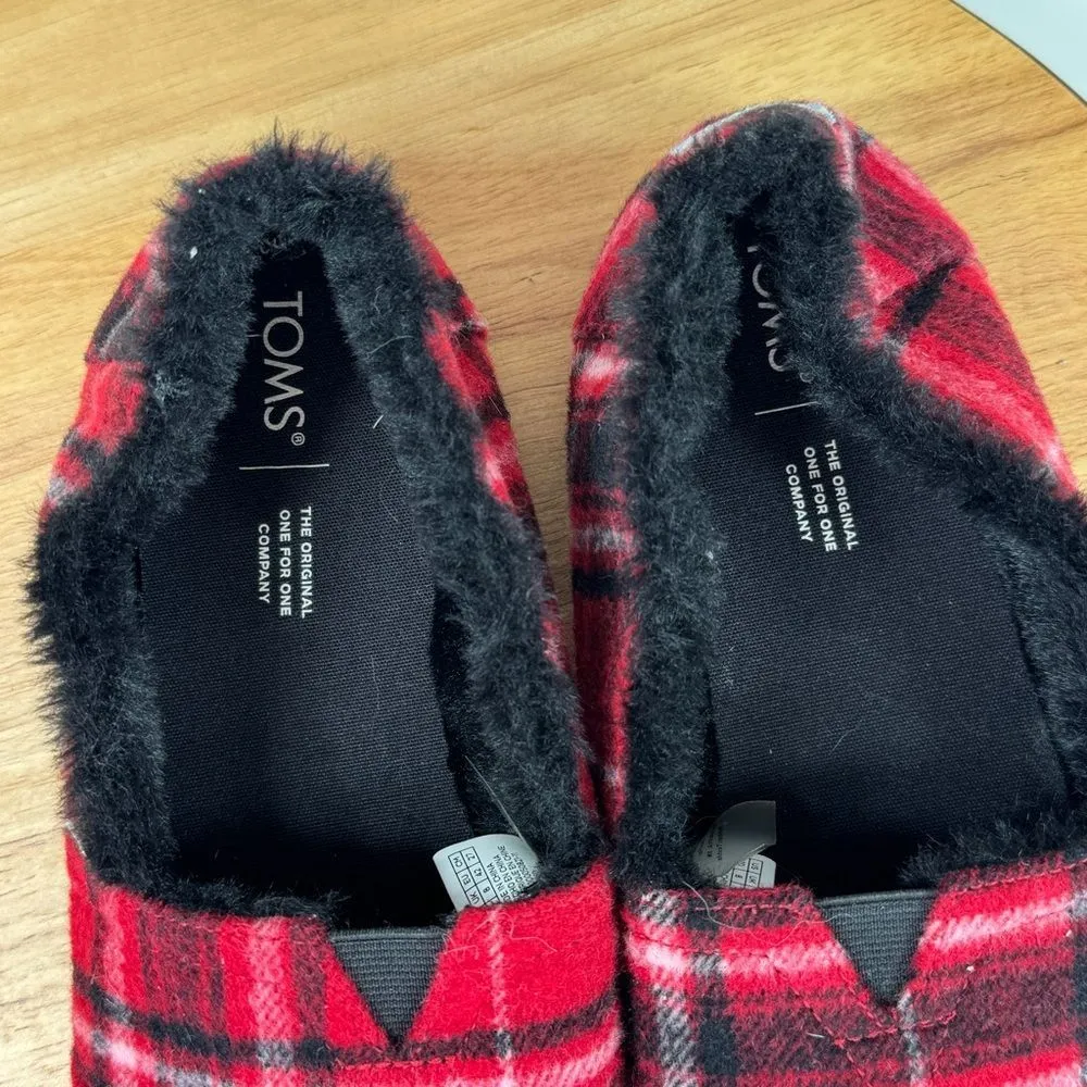 Toms Alpargata‎ Plaid Flannel Fur Lined Slip On Flats Shoes Red Black 10 - Image 8