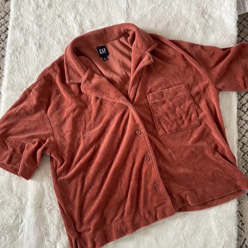 new gap terry cedarwood brown collared button down vacay summer top size large - Image 2
