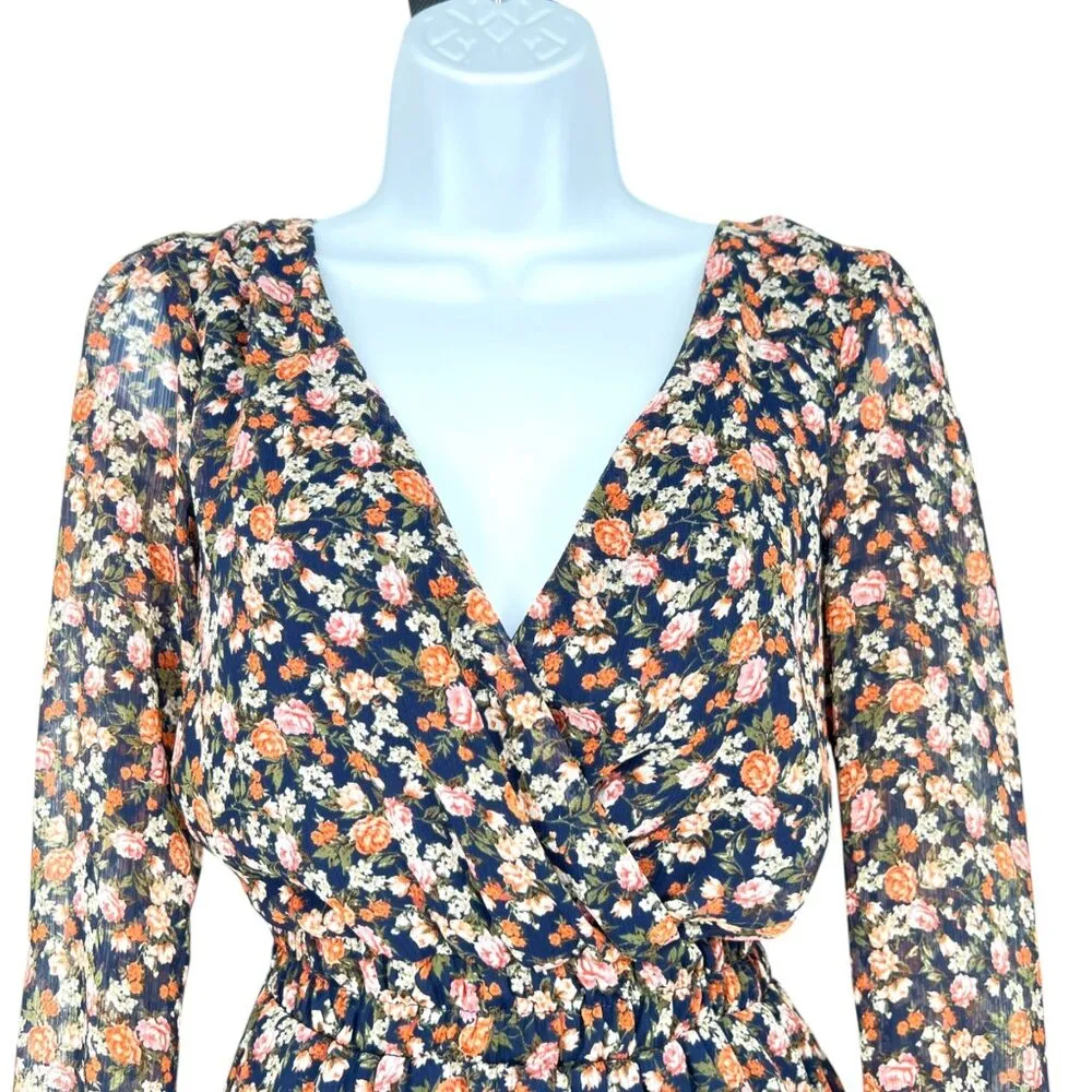 Trixxi Floral Sheer Long Sleeve V-Neck Mini Dress Navy Blue Orange Size Small - Image 2