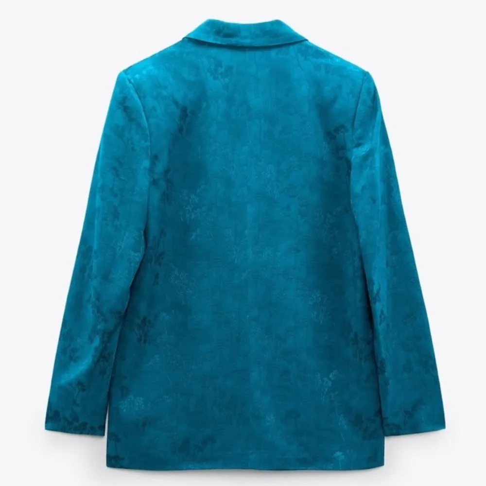 Zara Double Breasted Textured Turquoise Blue Jacquard Lapel Collar Blazer XS NEW - Image 12