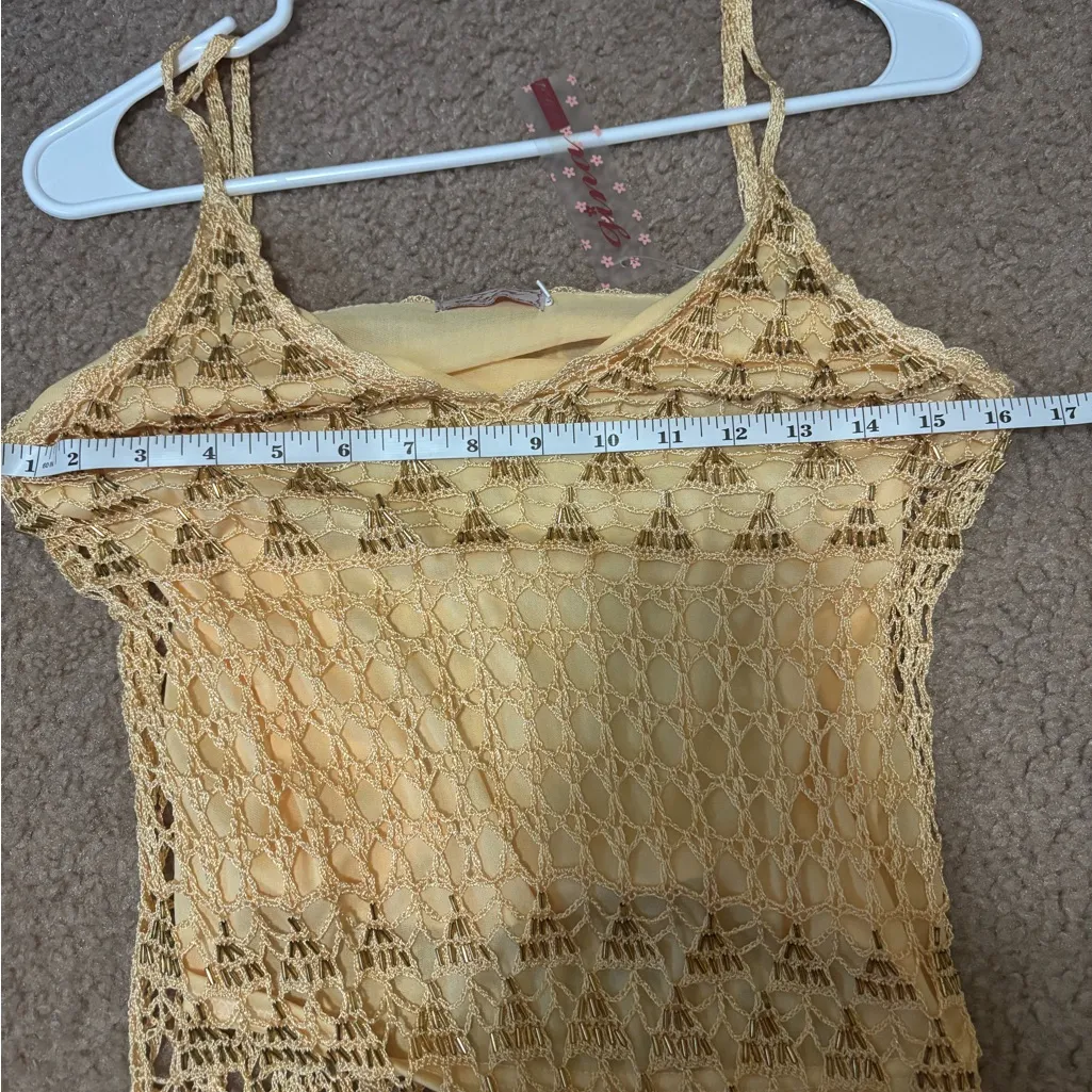 NEW WITH TAGS NWT Gina USA Vintage Butter Yellow / Gold beaded lace crochet top Size L - Image 5