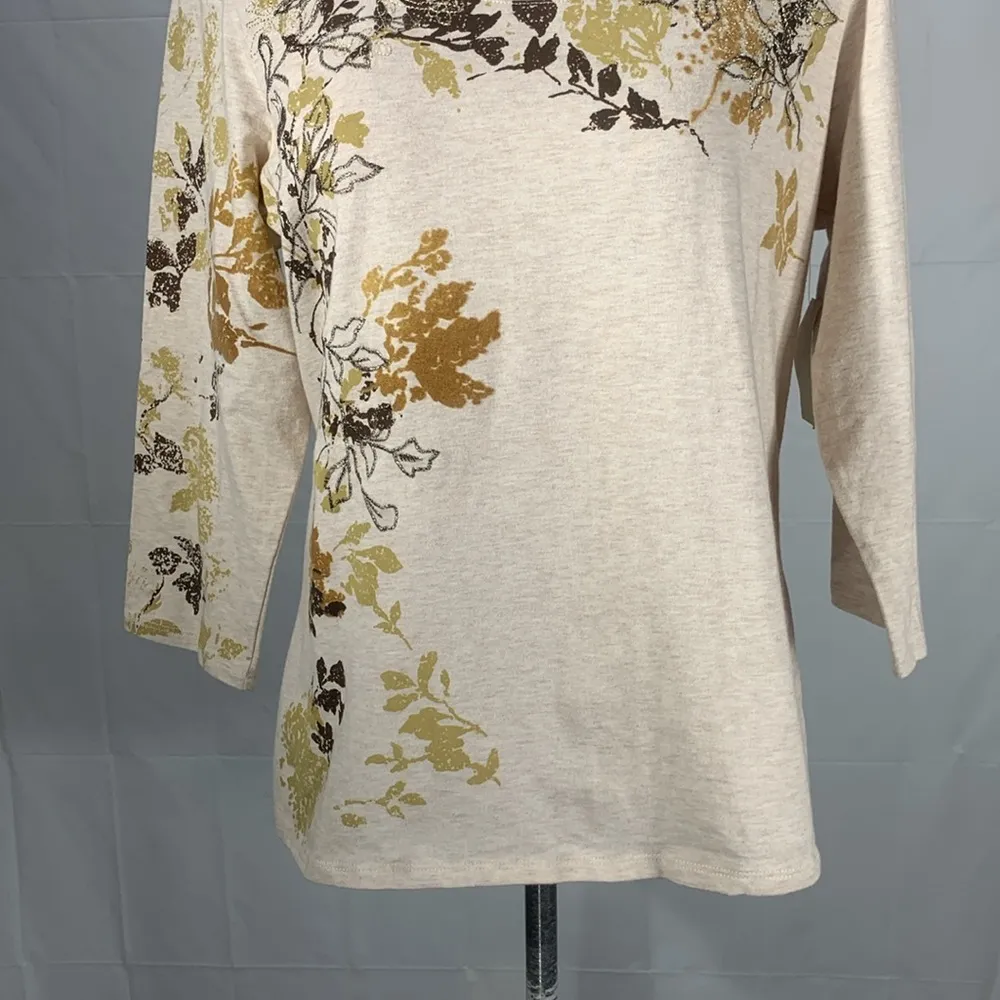 Coldwater Creek Three Quarter Sleeve Oatmeal Autumn Flock Tee Size Large - Image 3