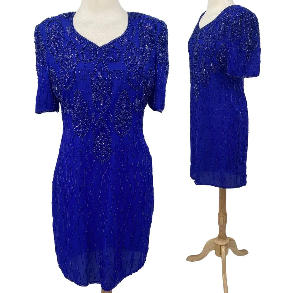 Vintage Beaded Silk Mini Dress Keyhole Back V Neck Shoulder Pads Blue Womens L Size L - Image 9