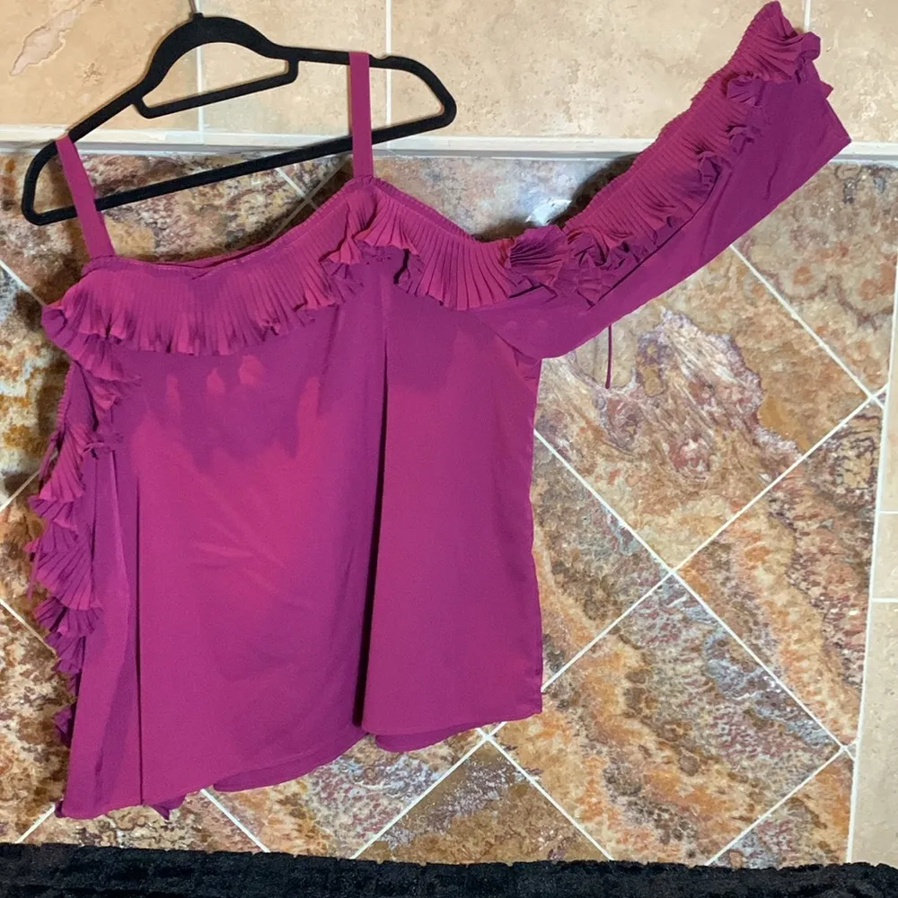 Women's Plus Size 22 Eggplant Ruffle Lace Up Sleeve Cold Shoulder Statement Top - Image 3