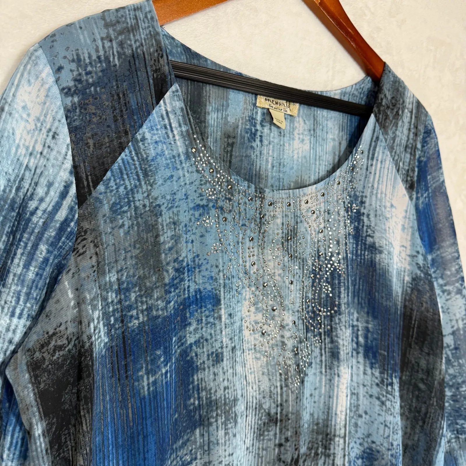 One World S Blue Top Chiffon Lined Bell Sleeve Hippie Artsy Boho Lagenlook Funky - Image 3