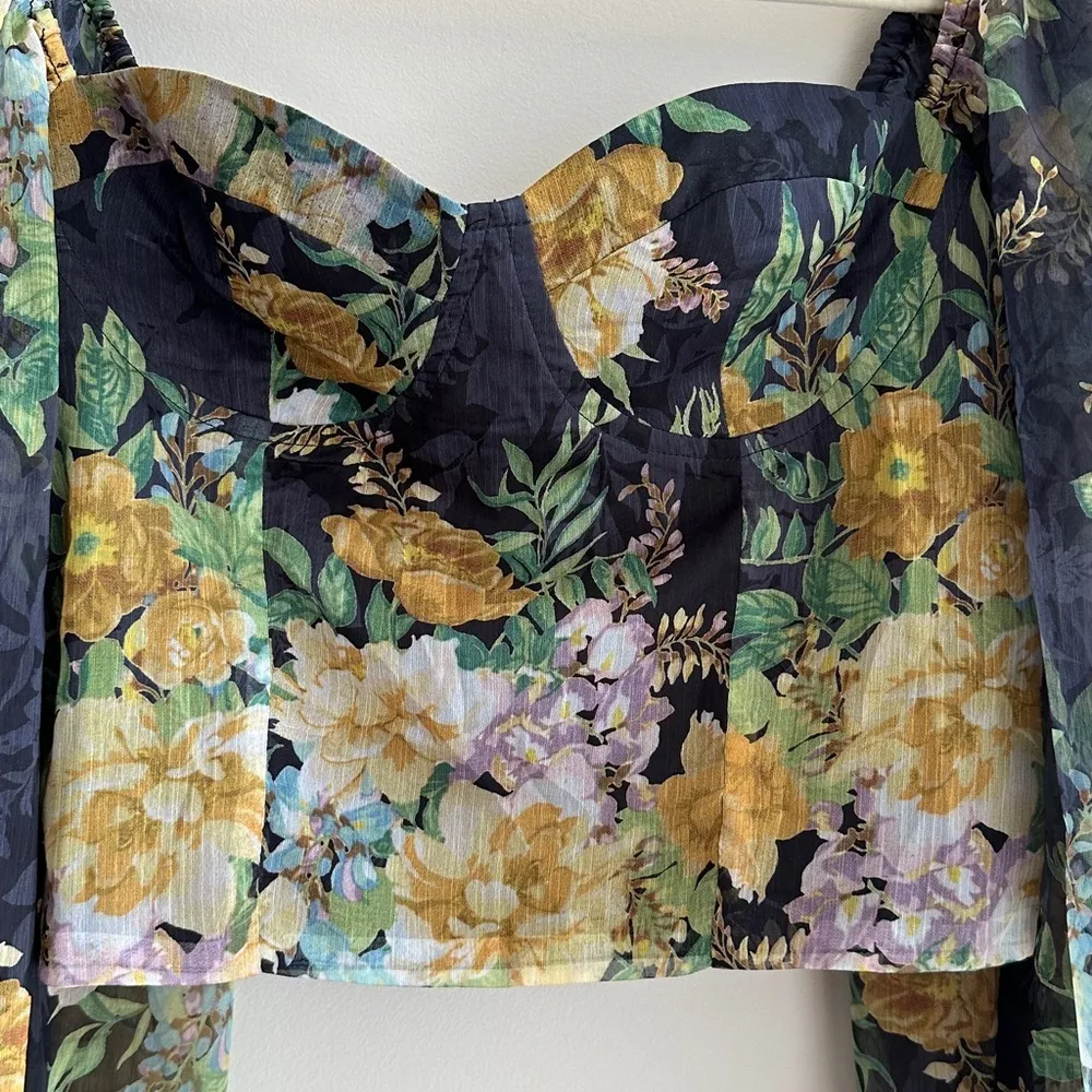 Lulu’s Floral Puff Sleeve Corset Crop Top, Smocked Sweetheart Blouse, Small - Image 3