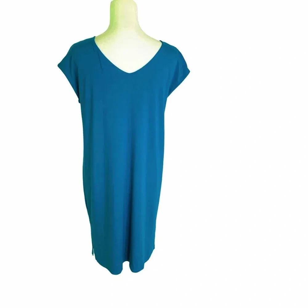 NEW Eileen Fisher T Shirt Knit Dress V Back Cap Sleeves Turquoise Blue Size XS - Image 5