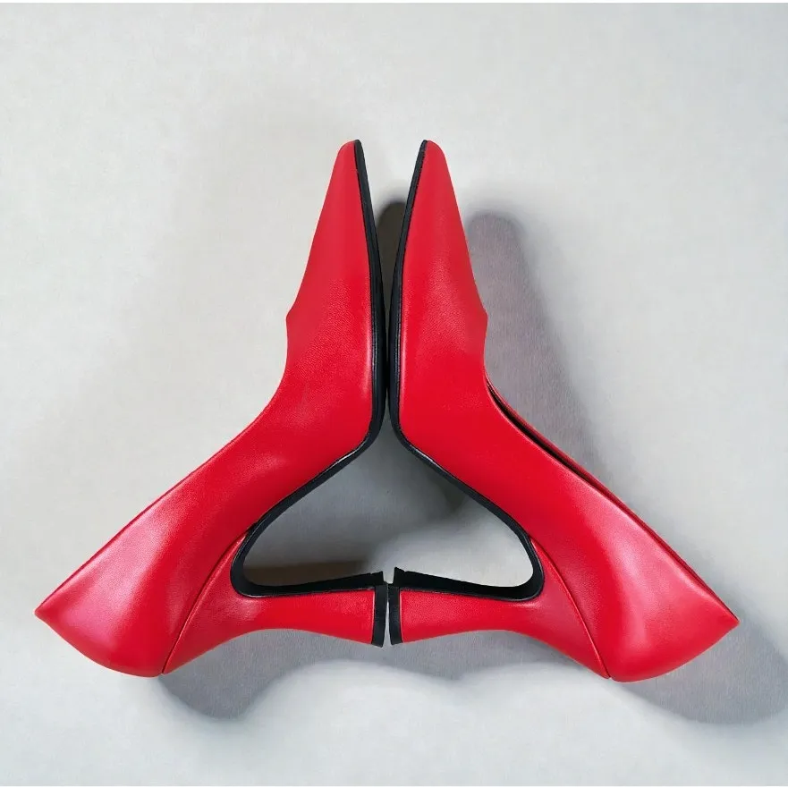 NILA & NILA Leather Stilettos Flared Heel Pumps Sz 38 Red Elegant Made In Italy - Image 5