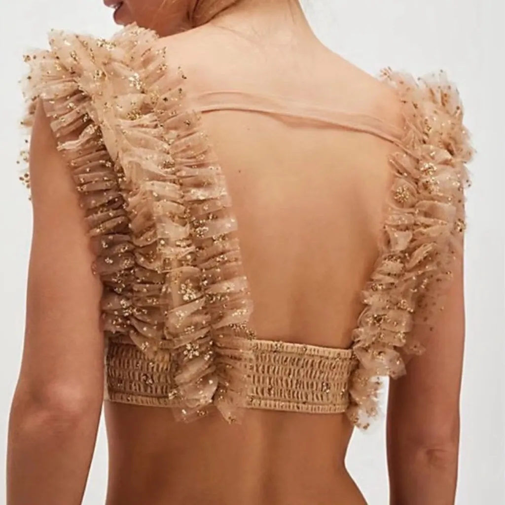 NWOT Sosha Nude & Gold Ruffle Tulle Crop Party Top Size M - Image 3