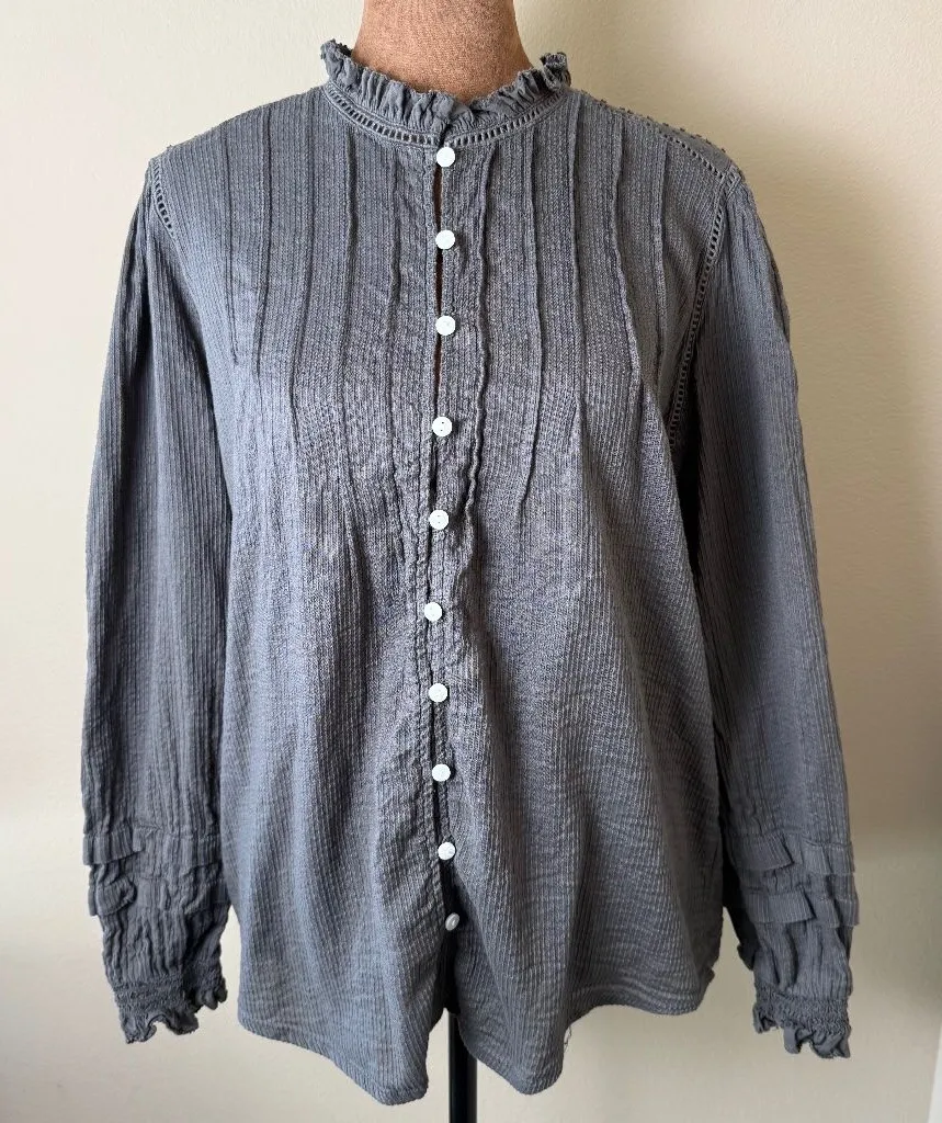 Quince Textured Cotton Peasant Blouse Womens Medium Gray Gothic Romantic Shirt - Image 1