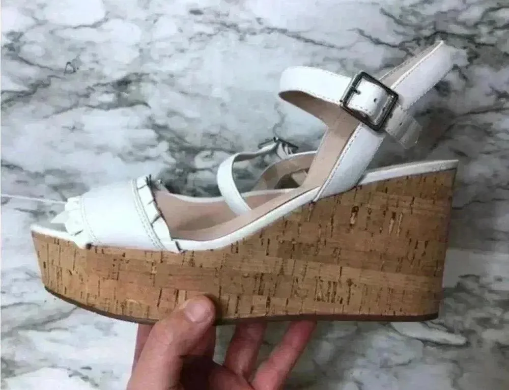 Kate Spade White‎ Ruffled Leather Tomas Cork Platform Wedge - Image 3