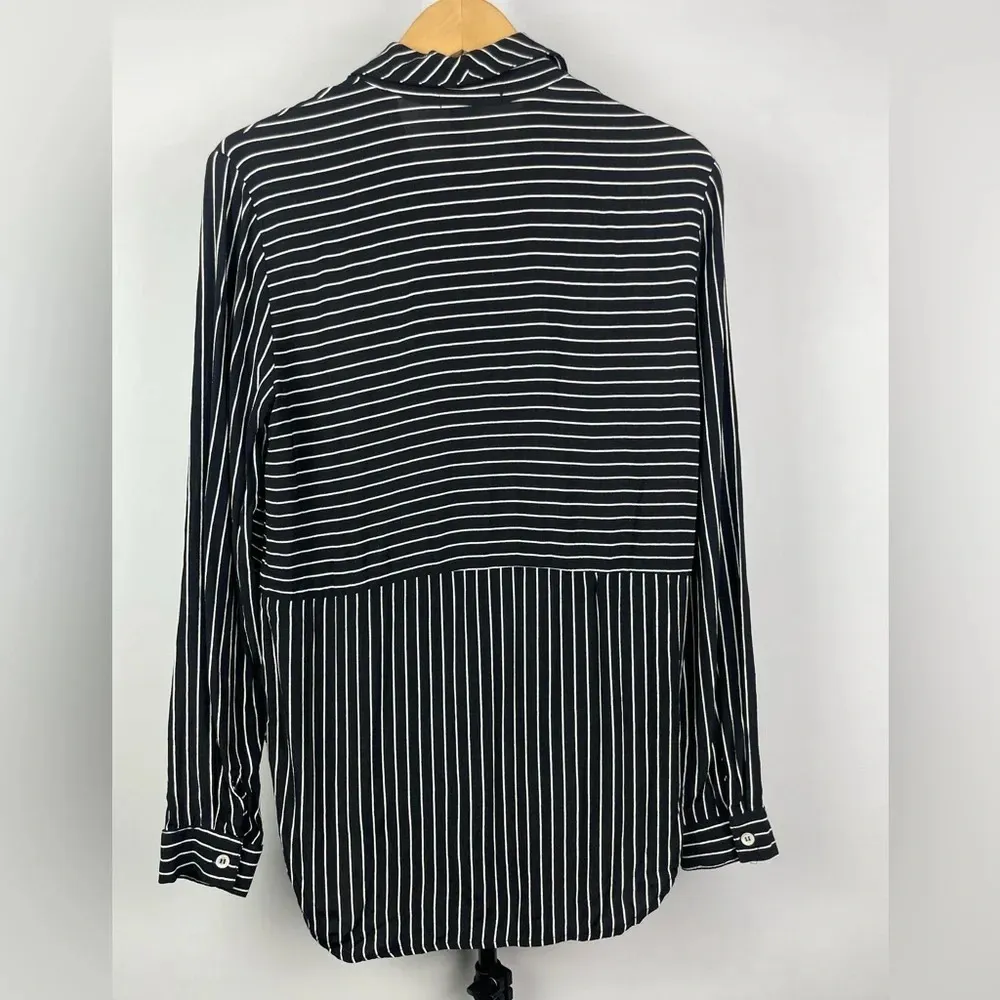 Three‎ Dots Black White Striped Long Sleeve Button Up Tunic Top - Image 6