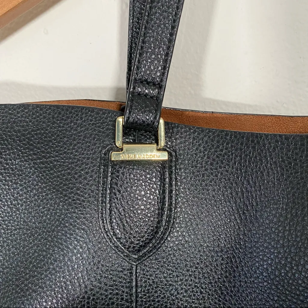 Steve Madden Black Faux Leather Tote Bag Open Top Gold Hardware - Image 3
