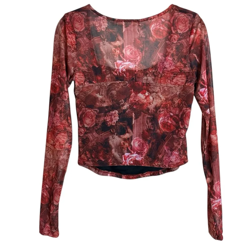 Womens Floral Nylon Mesh Crop Top Long Sleeve Y2K Festival Boho Grunge Size S Red - Image 7