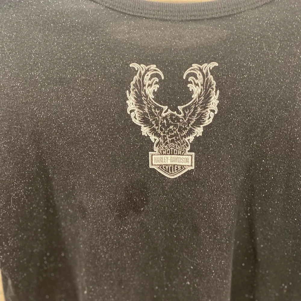 Harley Davidson Motorcycles Black Glitter V Neck Long Sleeve Criss Cross Top - Image 2
