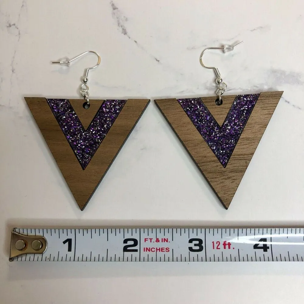 Handmade Purple Glitter Walnut Triangle Dangle Earrings - Image 6