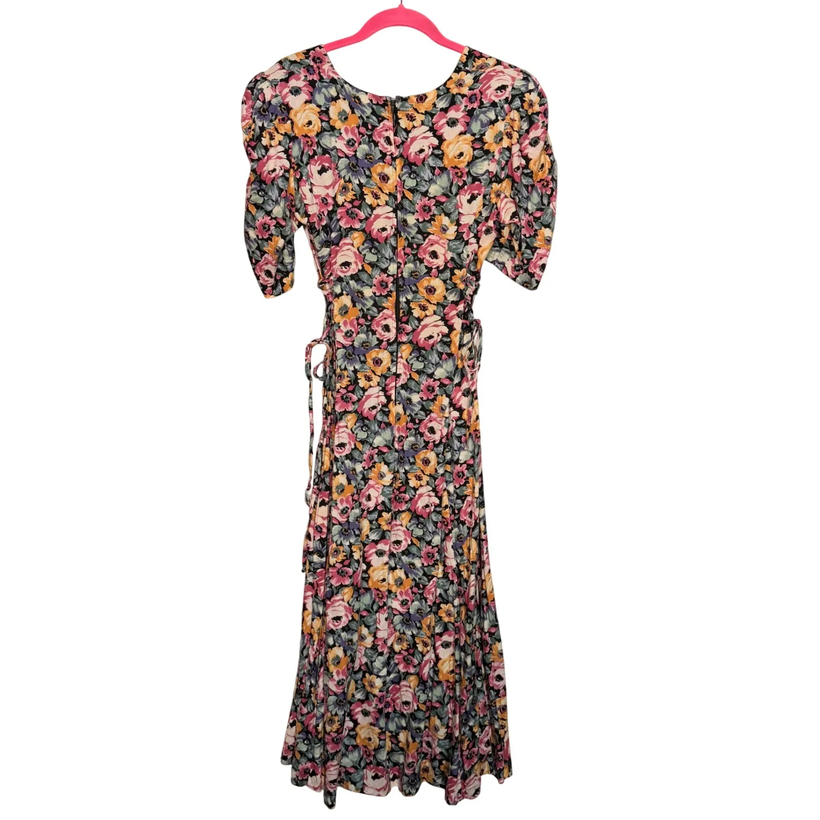 Paris Sport Club Floral Midi Dress Puff Sleeve Tie Waist Size 14 Small VTG Black - Image 4