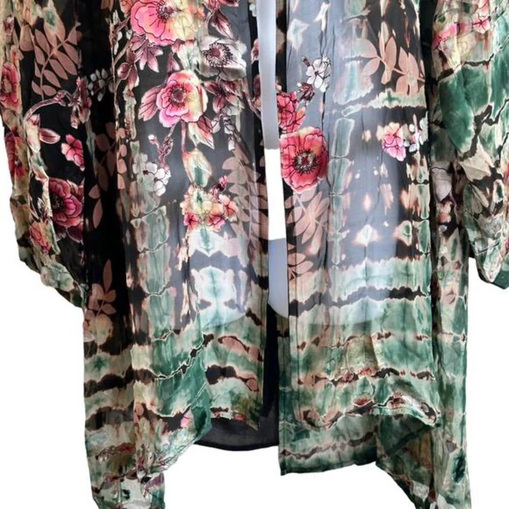 CITRON Santa Monica‎ tie dye floral embossed logenlook open front cardigan 1X Green - Image 6