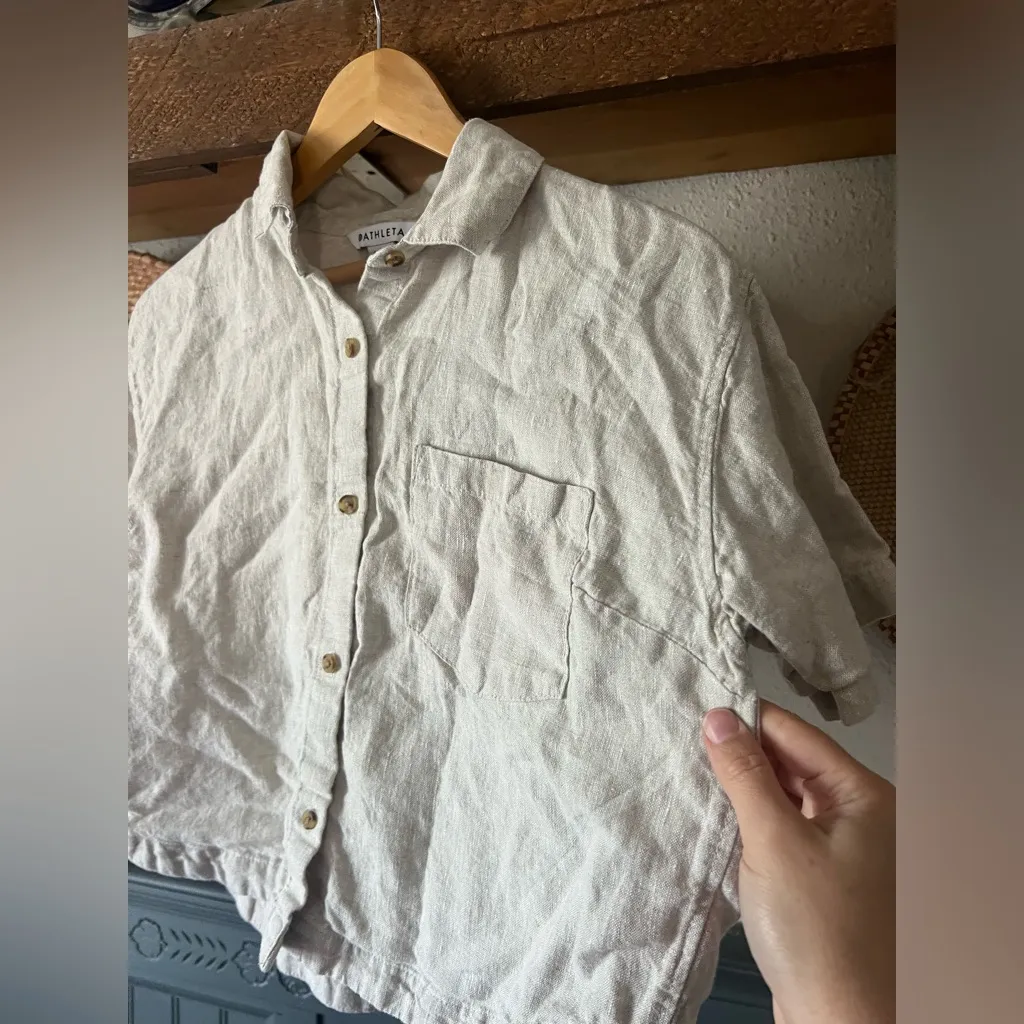 Athleta Retreat Linen Short Sleeve Button-Down Shirt Crop Beige Tan Undyed S - Image 6