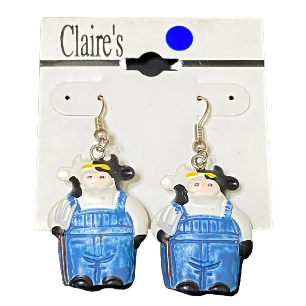 Vintage 90s Claire’s Cow Earrings Farm Animal Western Kitsch Y2K Dangle 1.5” Blue - Image 2