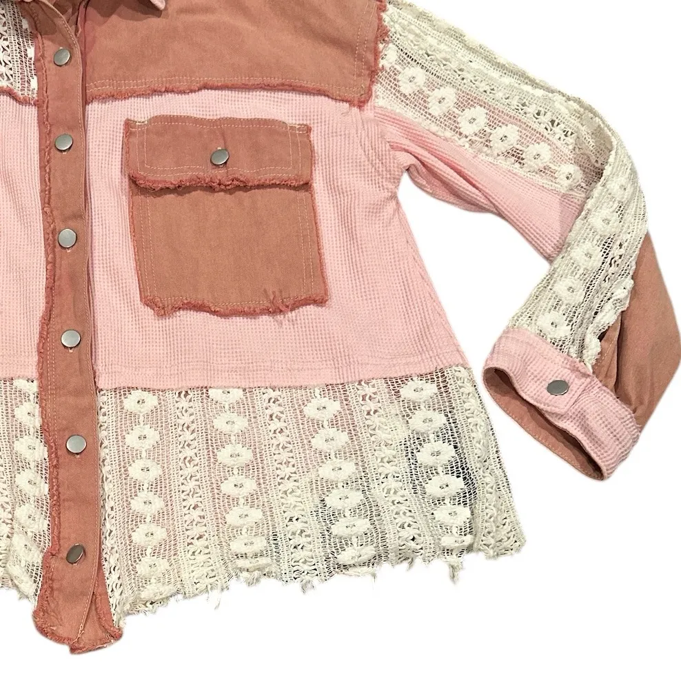POL oversized jacket patchwork boho lace denim crochet pink pocket mesh size S - Image 5