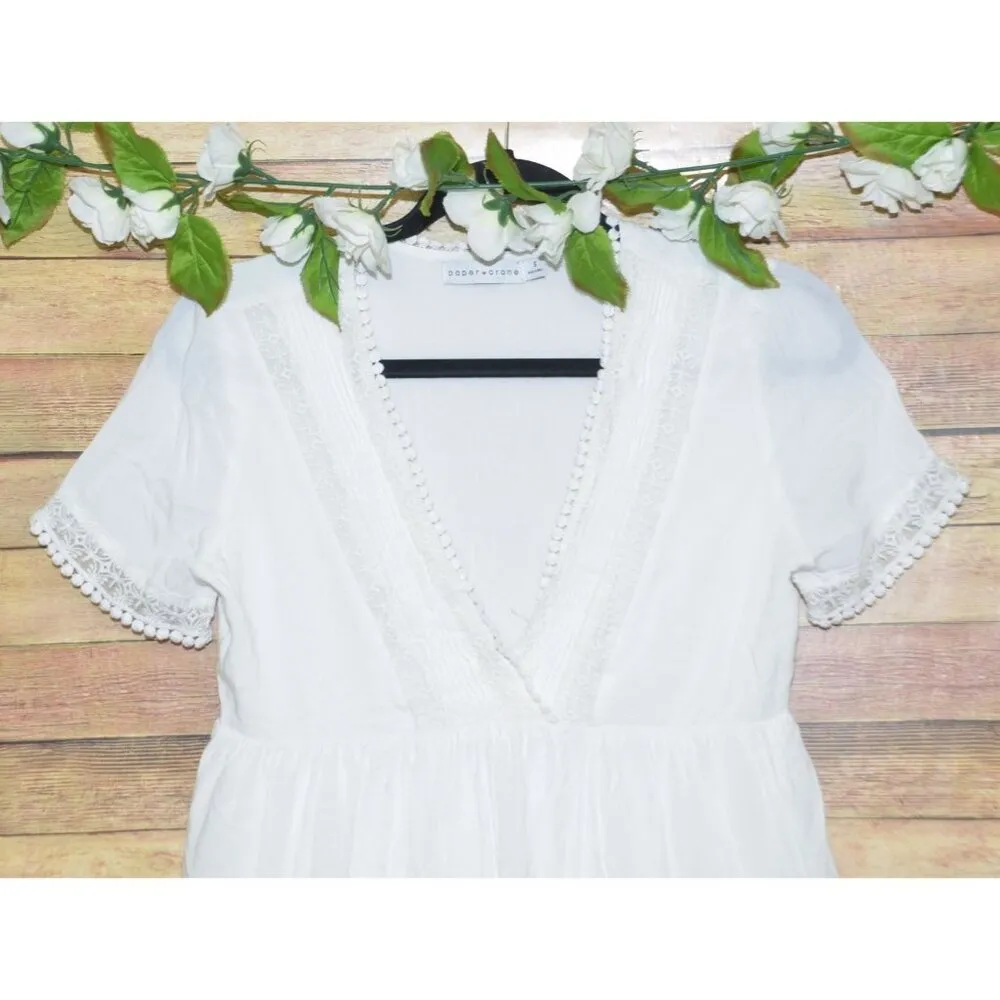 Cute Paper Crane White Casual Lace Tiered Mini Dress Size S V-Neck Short Sleeve - Image 2