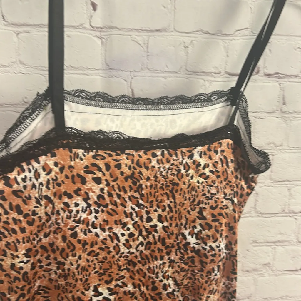Retro Leopard Print Slip Dress with Black Lace detail rosettes baby doll y2k Size L - Image 5