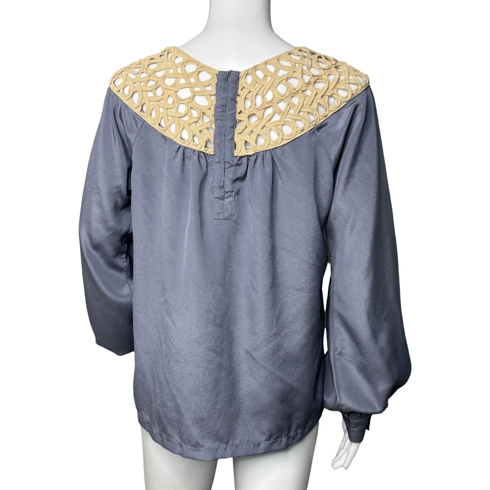 Esley Shirt‎ Womens Small Blue Cream Open Weave Blouse Boho Bohemian Neutral - Image 4