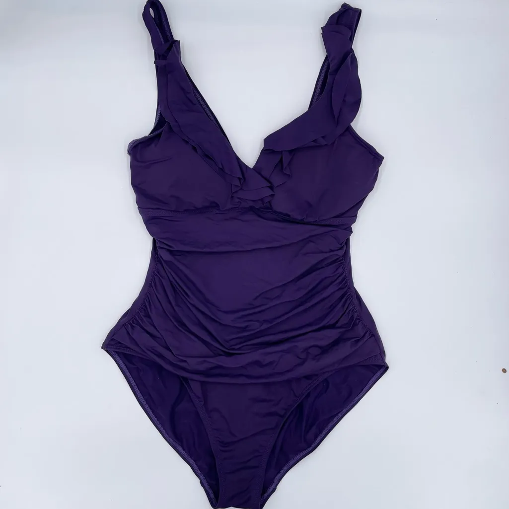 Lauren Ralph Lauren Ruffle Surplice One Piece Swimsuit Eggplant Purple Size 12 - Image 5