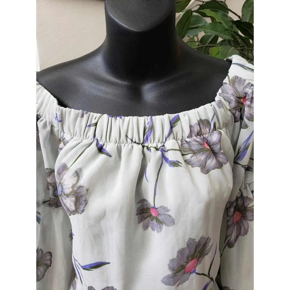 Blush Romper Women Large Gray Floral Print Off Shoulder Cinch Waist Flare Sleeve - Image 9