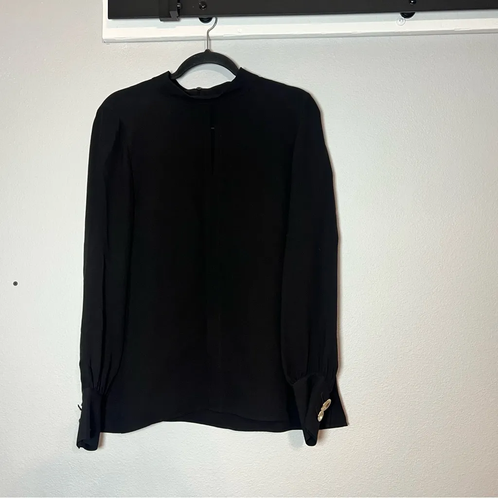 Lafayette 148 Black Mockneck Silk Blouse Top Medium Keyhole Gold Cuff Button - Image 5