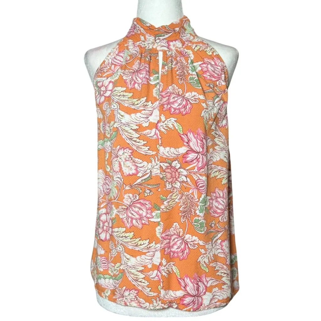 Rachel Roy Women's Multicolor Orange Floral Print Pleated Collar Tank Top Size M - Image 4