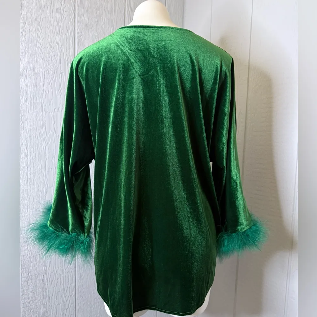 Emerald Velvet Tunic with Feather Trim Green Size L - Image 3