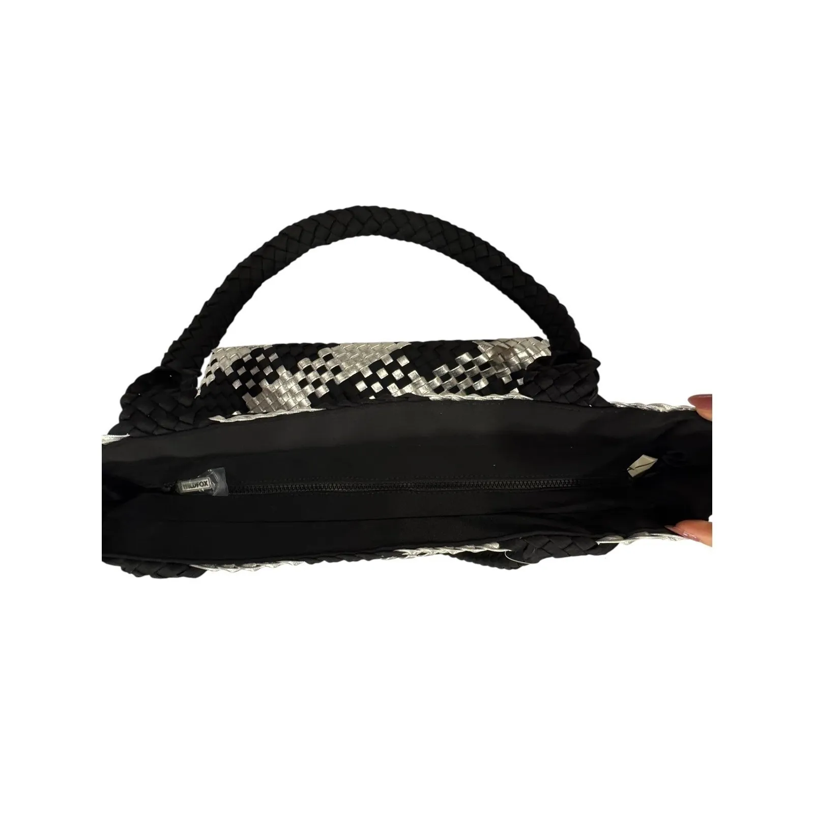 WILD FOX‎ Woven Tote Bag Black Silver Houndstooth Large Shopper Beach Bag - Image 3