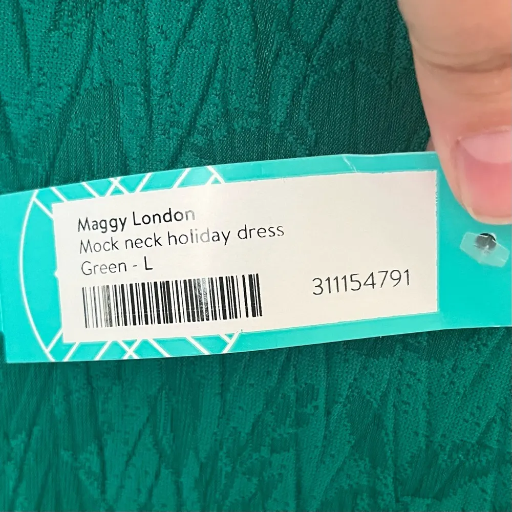 NWT Maggy London Lrg Mock Neck Jacquard Swing Dress Emerald Green Bishop Sleeve - Image 10