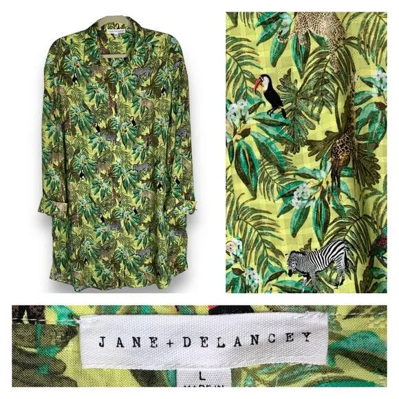 Jane + Delancey Safari Shirt Dress Jungle Animal Print Button Size Large - Image 2