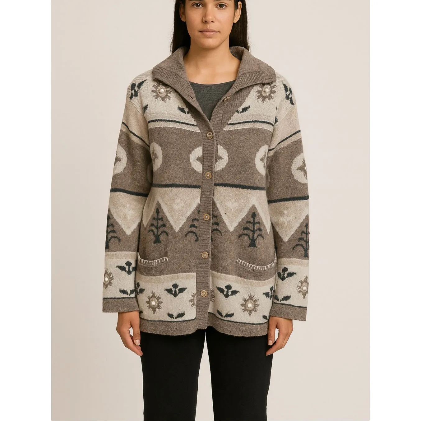 Vintage Bauhinia Angora Lambswool Cowichan Cardigan Sweater Taupe Cream Neutral Brown Size M - Image 9