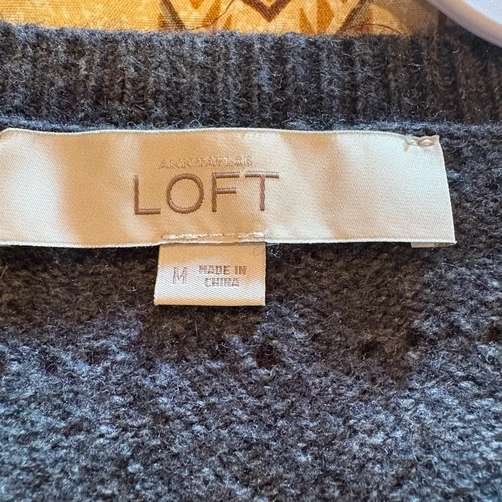 LOFT Dark Gray Wool Cotton Blend Crew Neck Raglan Sleeve Pullover Sweater Wmns M - Image 4