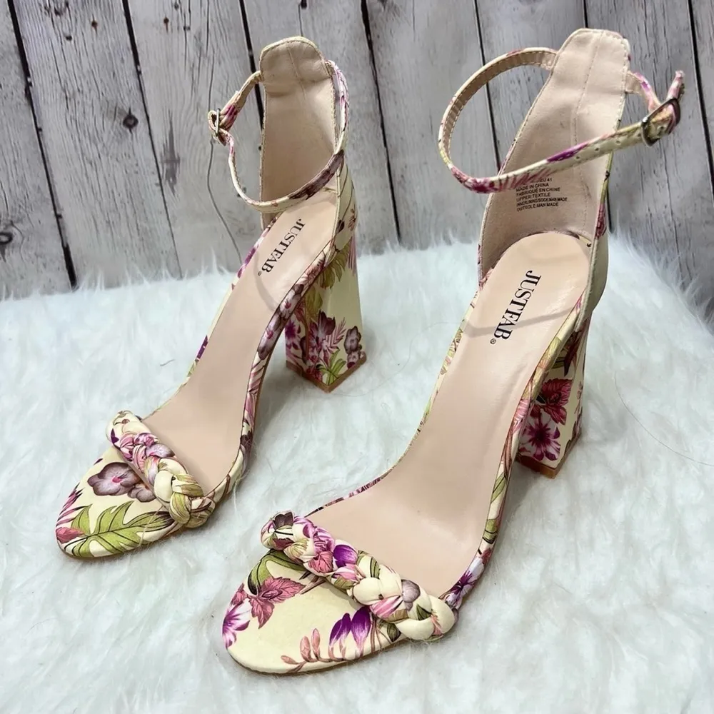 JustFab  Tami Sandal Yellow Floral Ankle Strap Sandals 10 - Image 4