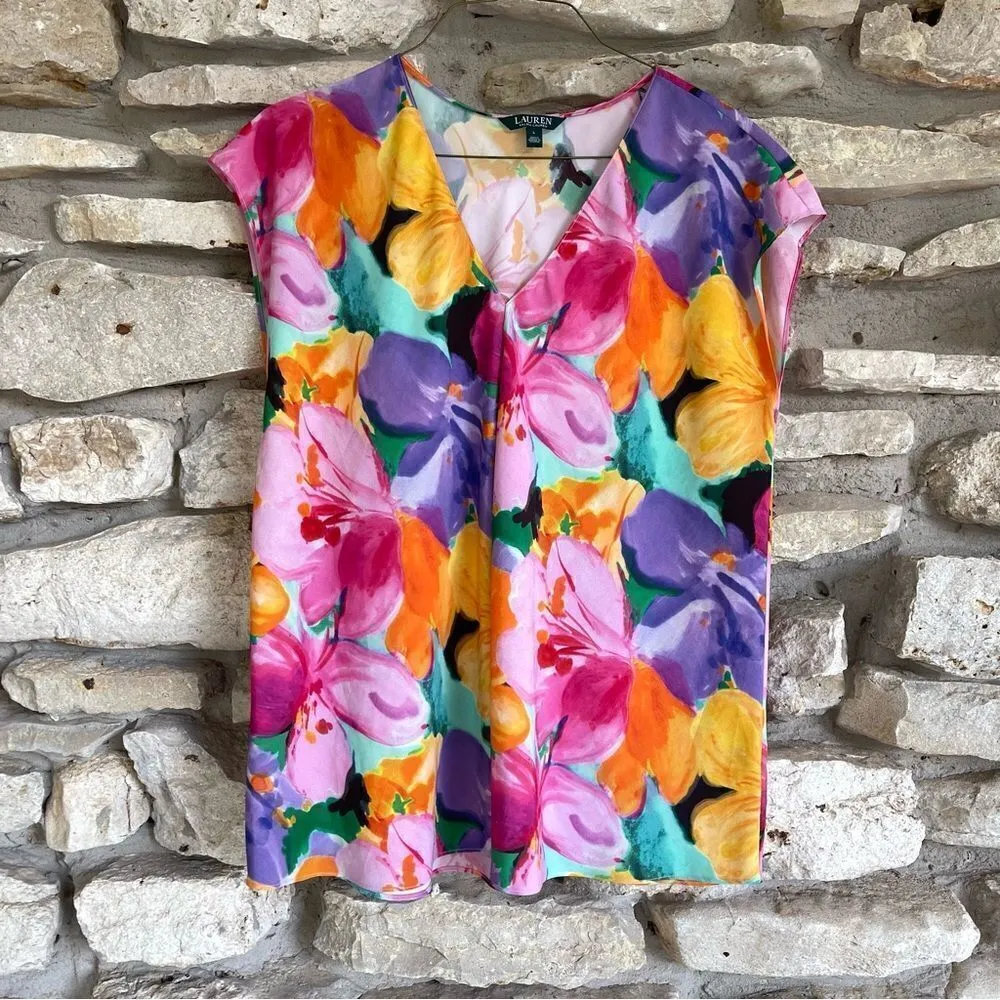 Lauren Ralph Lauren Size Large Watercolor Floral Print Crepe Tunic Blouse - Image 13